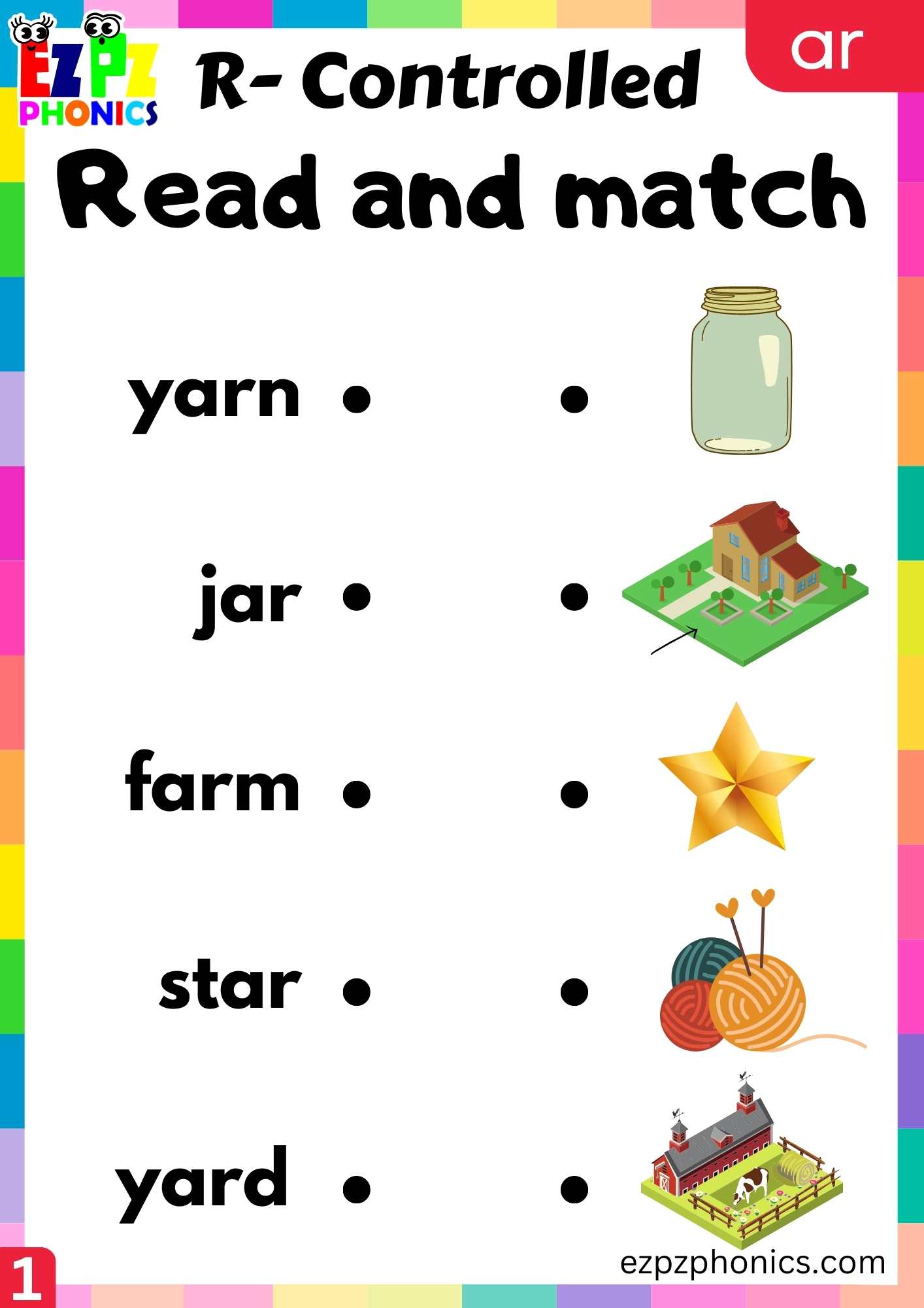Read and match Worksheet for ar words R controlled vowels phonics group
